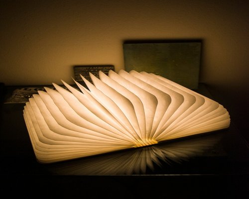 A well-placed desk lamp casting warm indirect light on an open paperback book